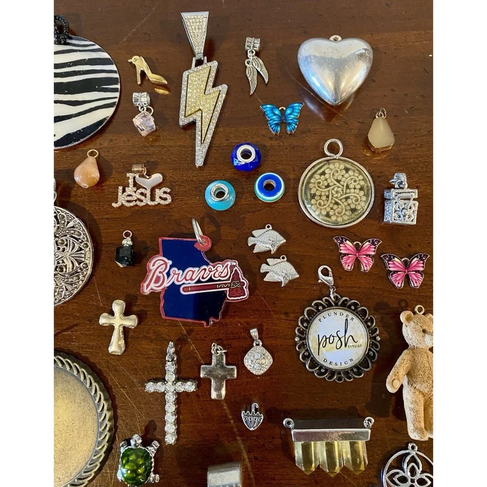 VTG To Modern Pendant Charm Lot - Flower Moon Heart Cross Enamel Rhinestones